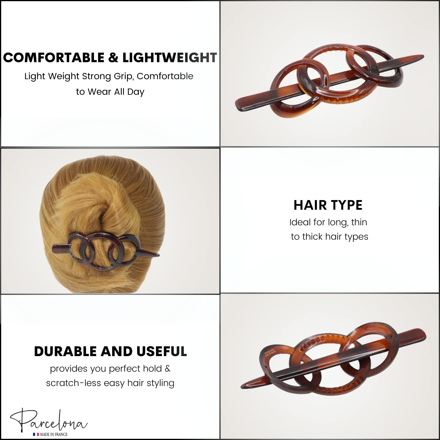 Parcelona French Triple Ringed Cellulose Barrette with Stick for Women and Girls
