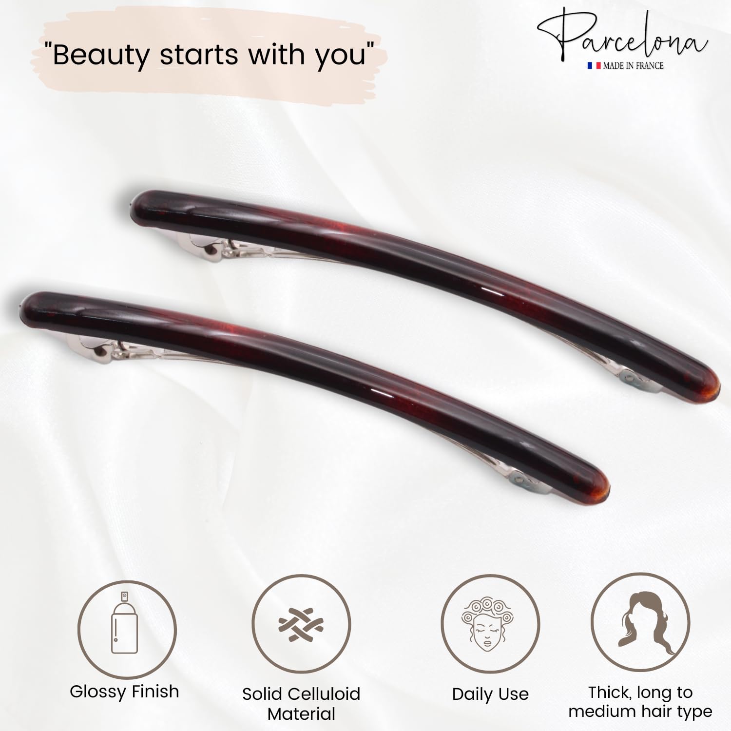 Parcelona French Skinny Rounded Large Cellulose Hair Barrettes for Women(2 Pcs)