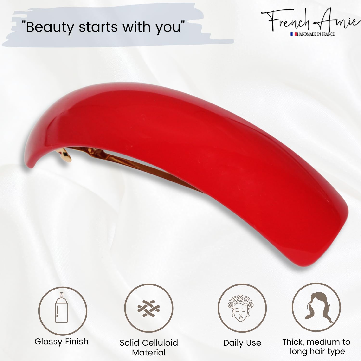 French Amie Curved Oblong Large Cellulose Handmade Hair Barrette for Women