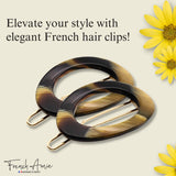 French Amie Oval Hoop Small 1 1/4” Celluloid Handmade Hair Barrette Clips(2 Pcs)
