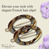 French Amie Oval Hoop Small 1 1/4” Celluloid Handmade Hair Barrette Clips(2 Pcs)