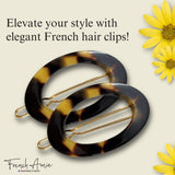 French Amie Oval Hoop Small 1 1/4” Celluloid Handmade Hair Barrette Clips(2 Pcs)