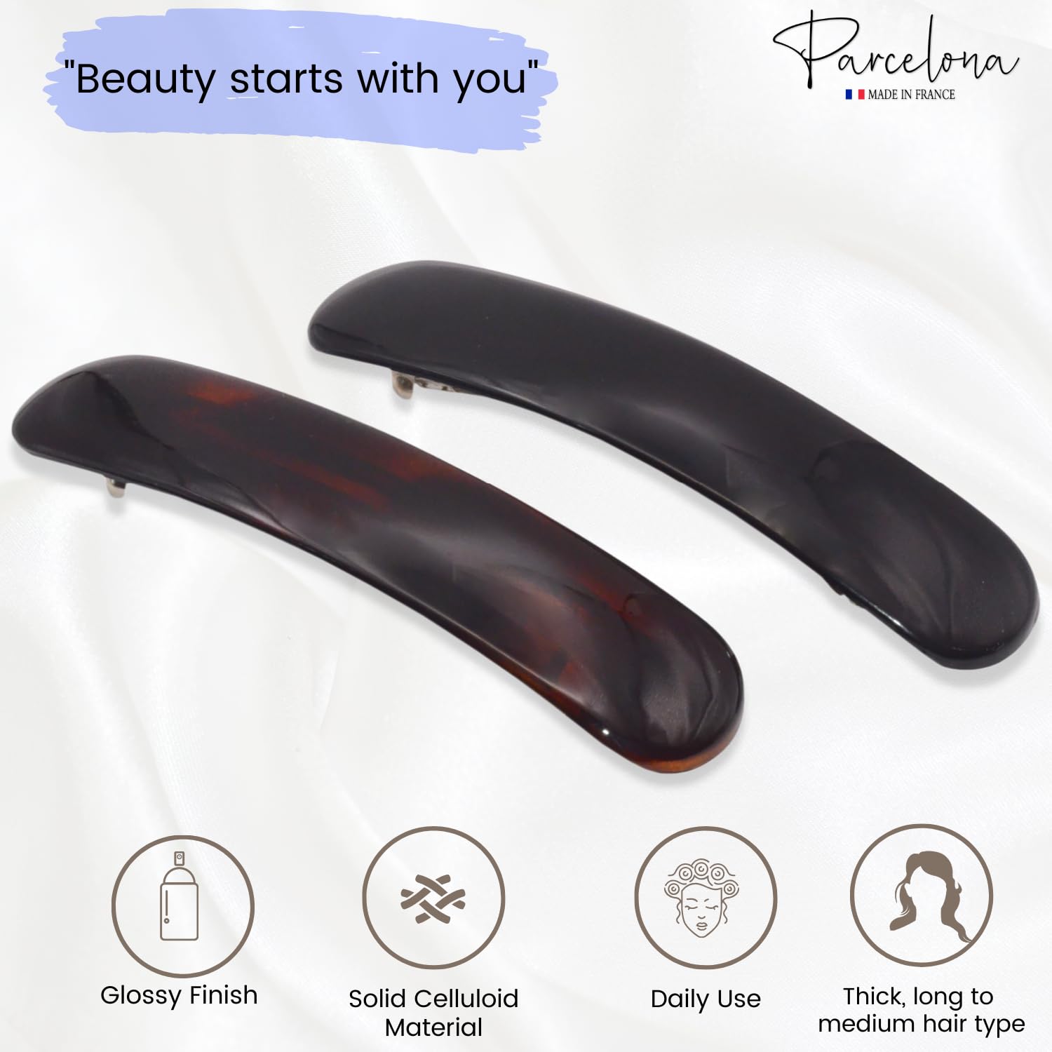 Parcelona French Elegant Duo 4" Shell and Black Celluloid 2 Pcs Hair Barrettes