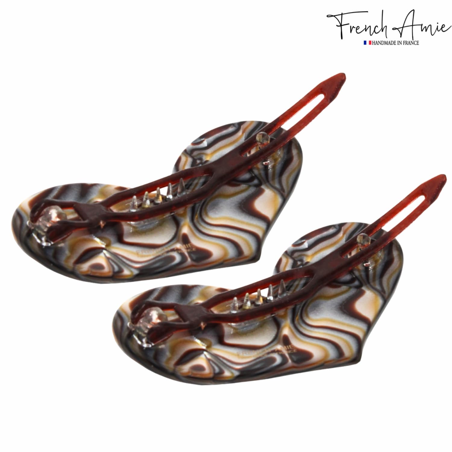 French Amie Cupid Hearts Small Celluloid Metal Free Snap Hair Clips - 2 Pcs