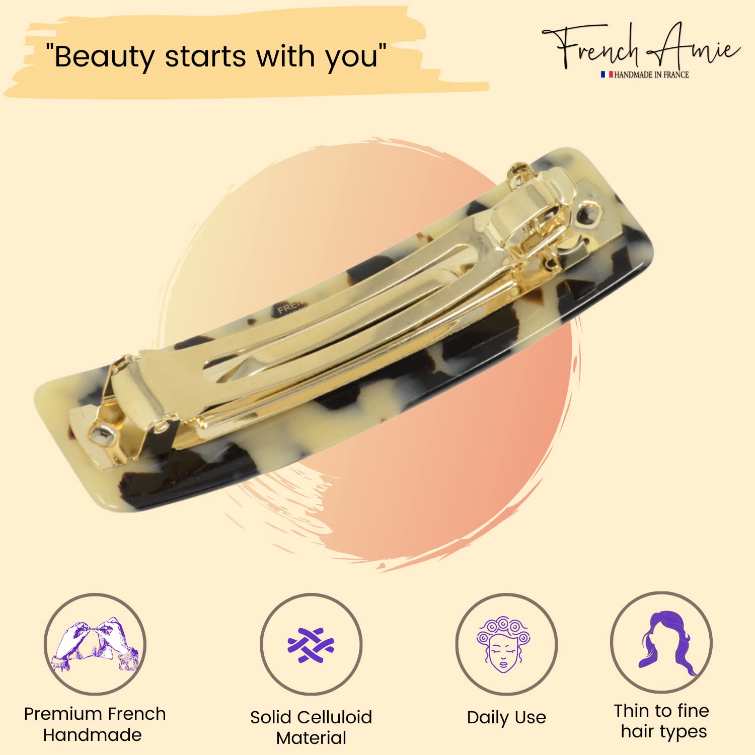 French Amie Rectangular White Tokyo Cellulose Handmade Automatic Hair Barrette