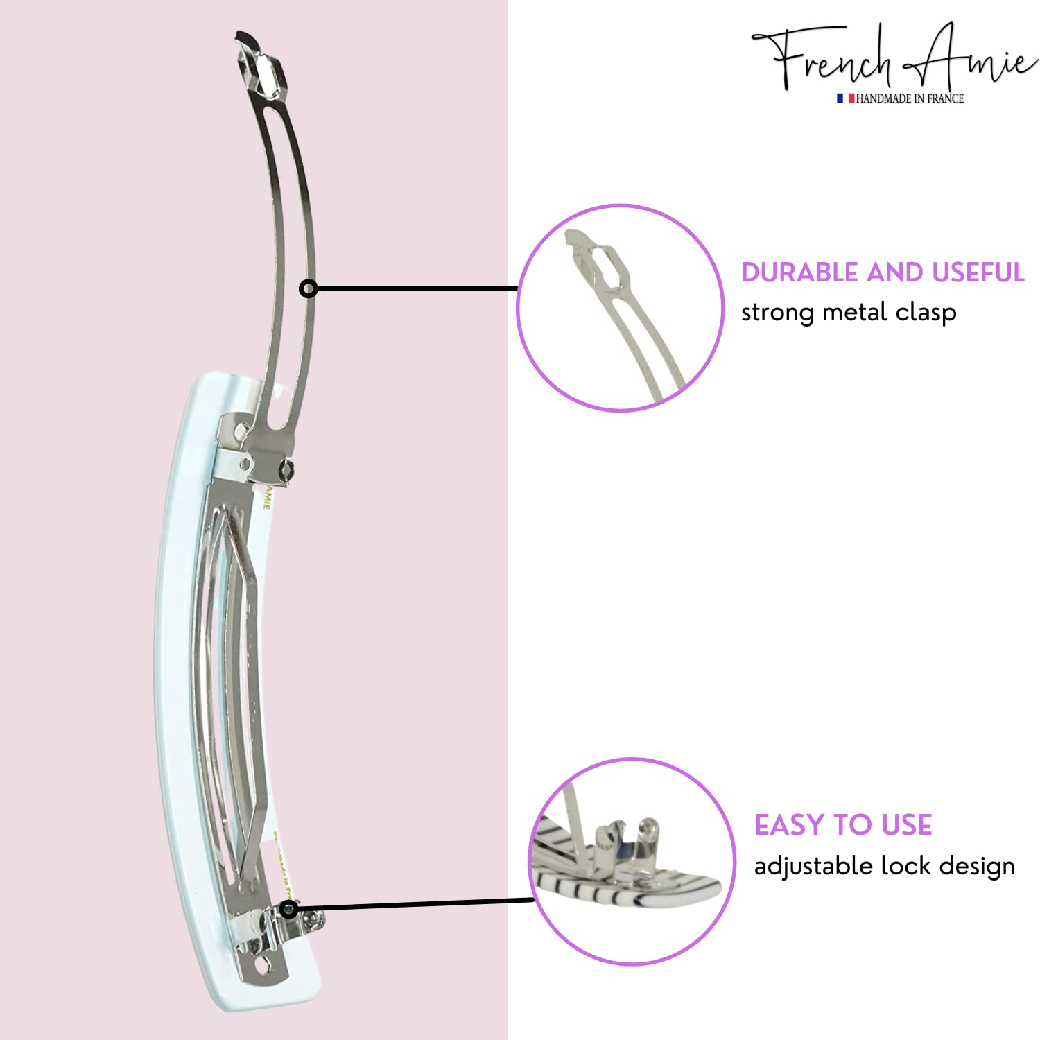 French Amie Long Rectangle Handmade Large Hair Barrette Clip for Women N Girls