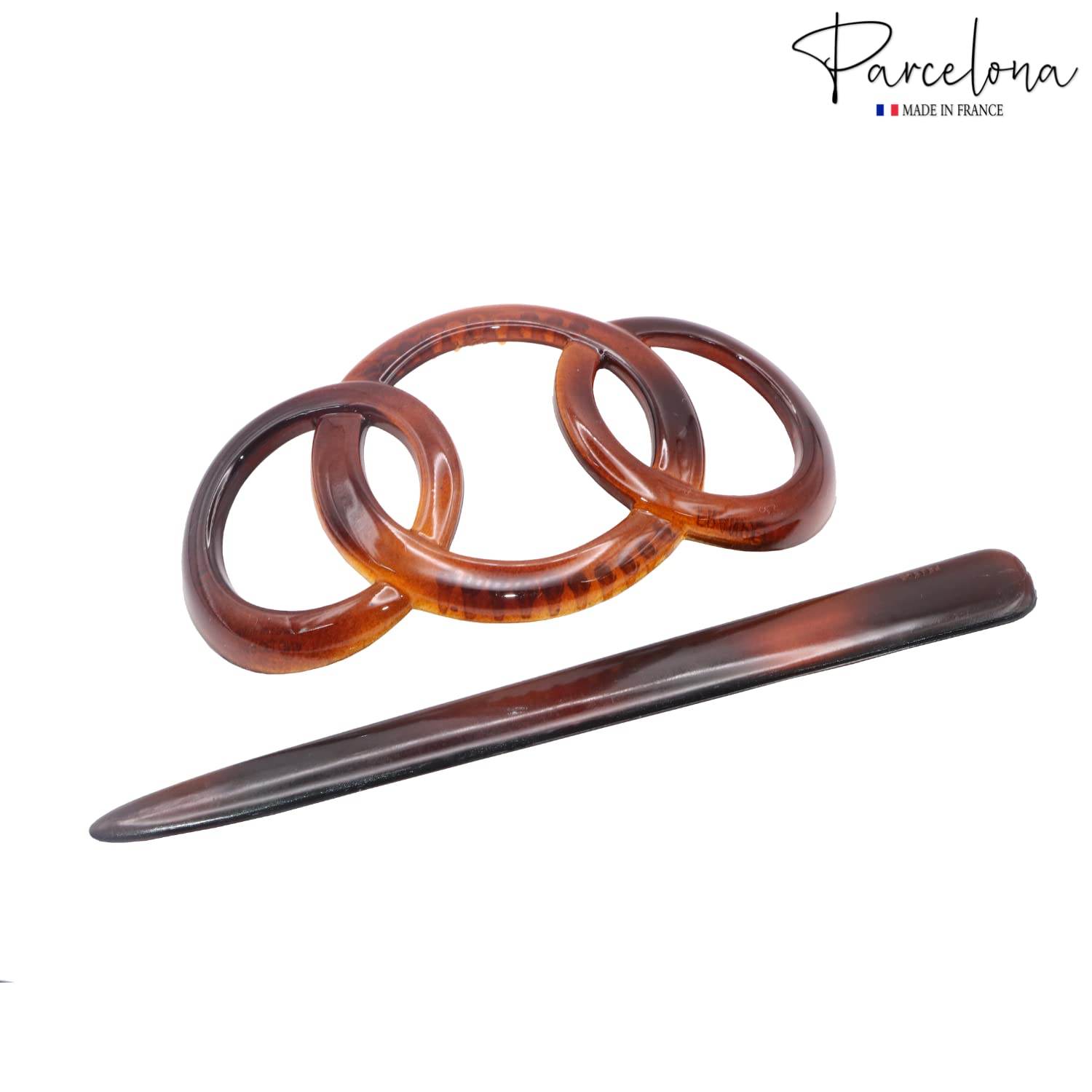 Parcelona French Triple Ringed Cellulose Barrette with Stick for Women and Girls
