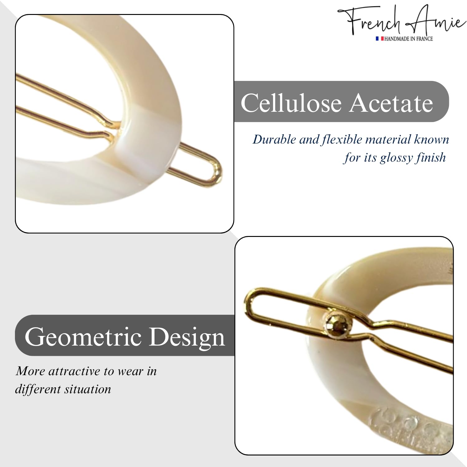 French Amie Oval Hoop Small 1 1/4” Celluloid Handmade Hair Barrette Clips(2 Pcs)