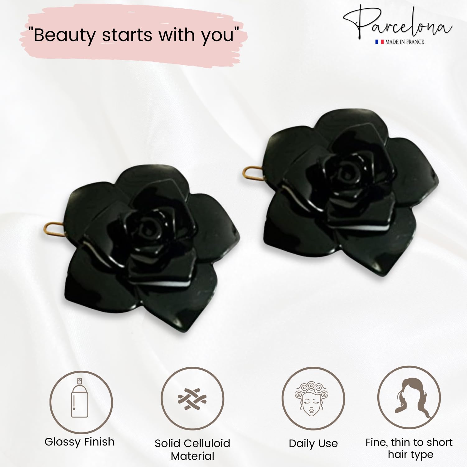 Parcelona French Flower Small 1.5" Cellulose Side Slide Snap Barrettes for Women