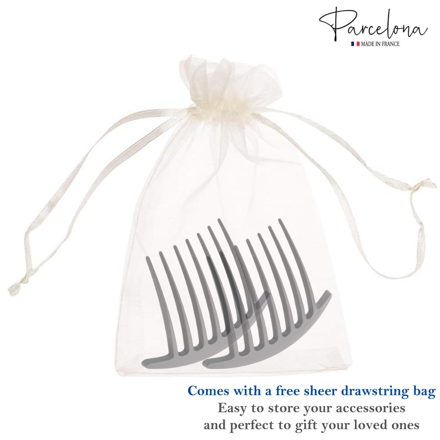Parcelona French Basic 7 Teeth Large Celluloid Side Hair Combs for Women(2 Pcs)