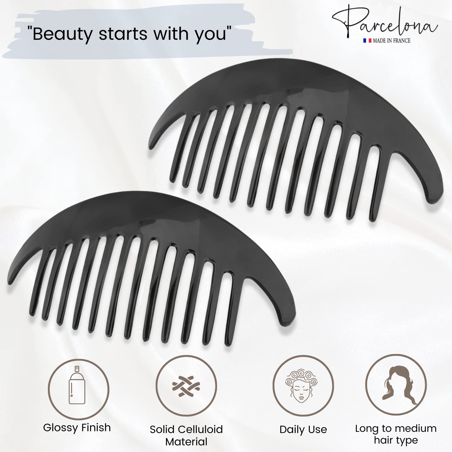 Parcelona French Alice Large Cellulose 12 Teeth Side Hair Combs for Women 2 Pcs