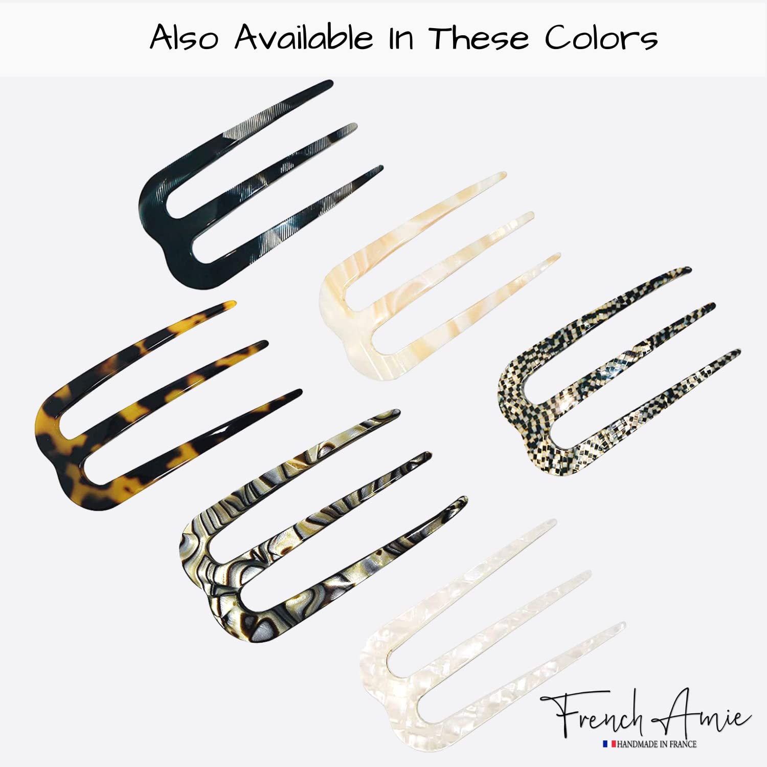 French Amie Tri Prongs 3" Medium Handmade Cellulose Bun Holder Women Hair Pin