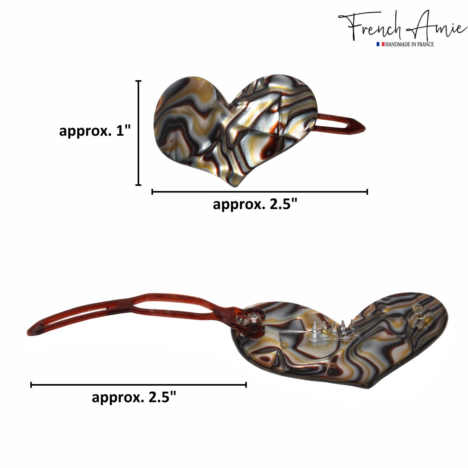 French Amie Cupid Hearts Small Celluloid Metal Free Snap Hair Clips - 2 Pcs