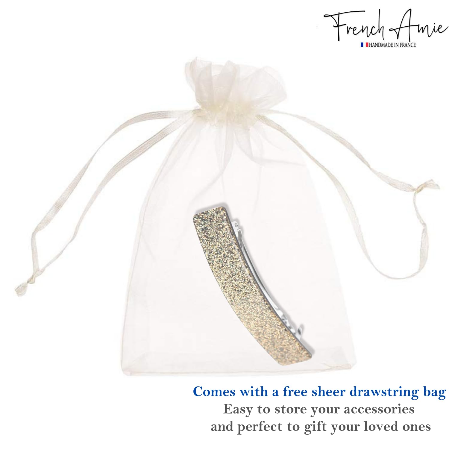 French Amie Glittery Bar Large Handmade Cellulose Hair Clip Barrette for Women