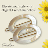 French Amie Oval Hoop Small 1 1/4” Celluloid Handmade Hair Barrette Clips(2 Pcs)