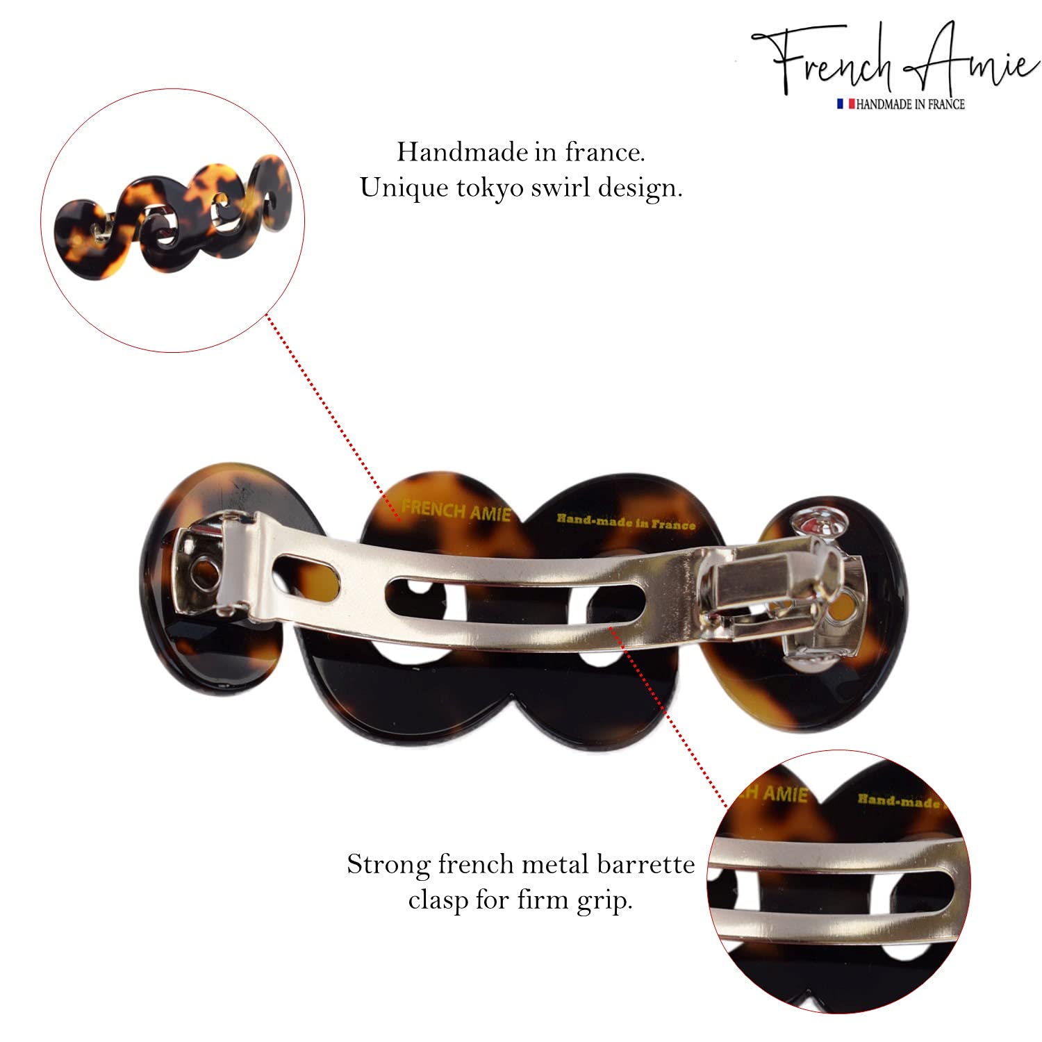 French Amie Swirls Tokyo Medium Cellulose Handmade Hair Clip with Silver Clasp