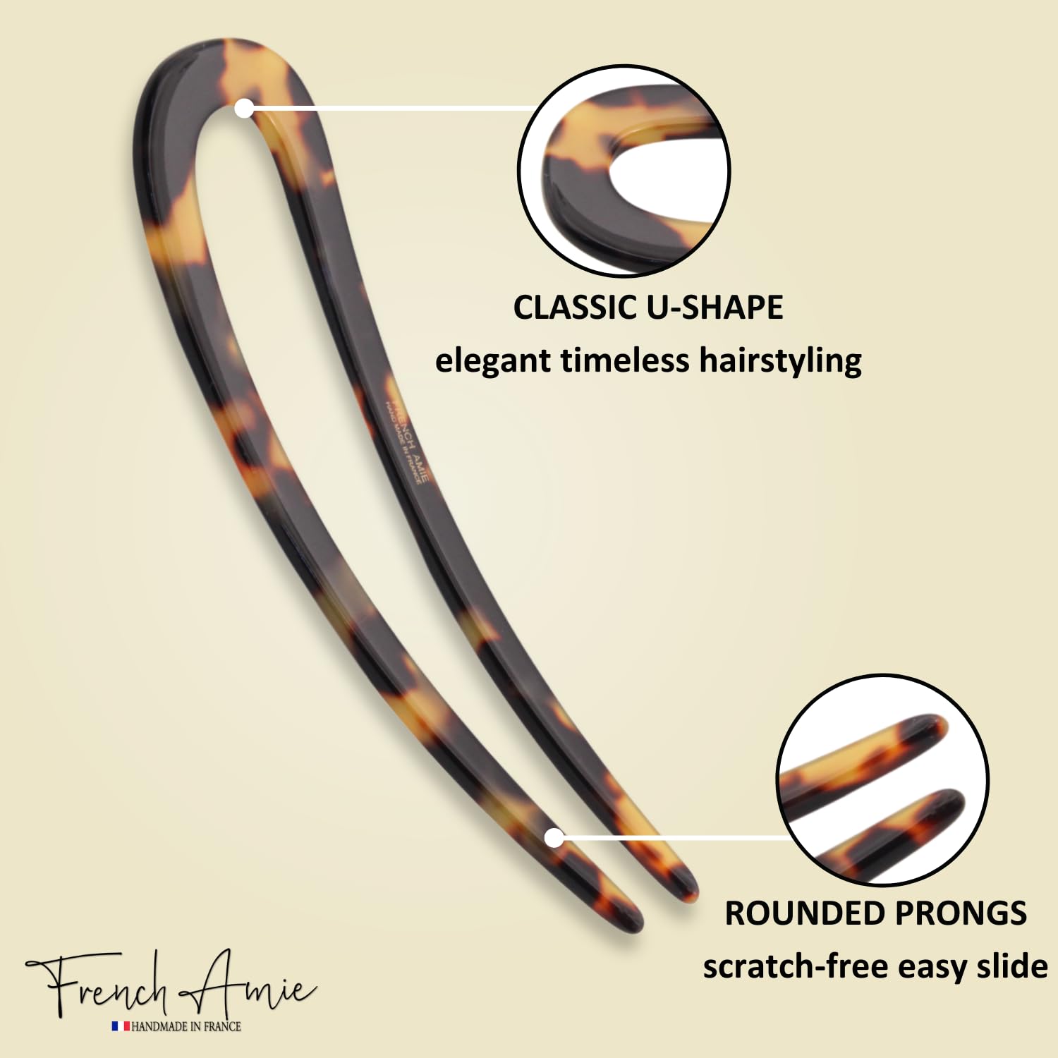 French Amie Slick Large Handmade Cellulose Chignon U Hair Pin Stick for Women