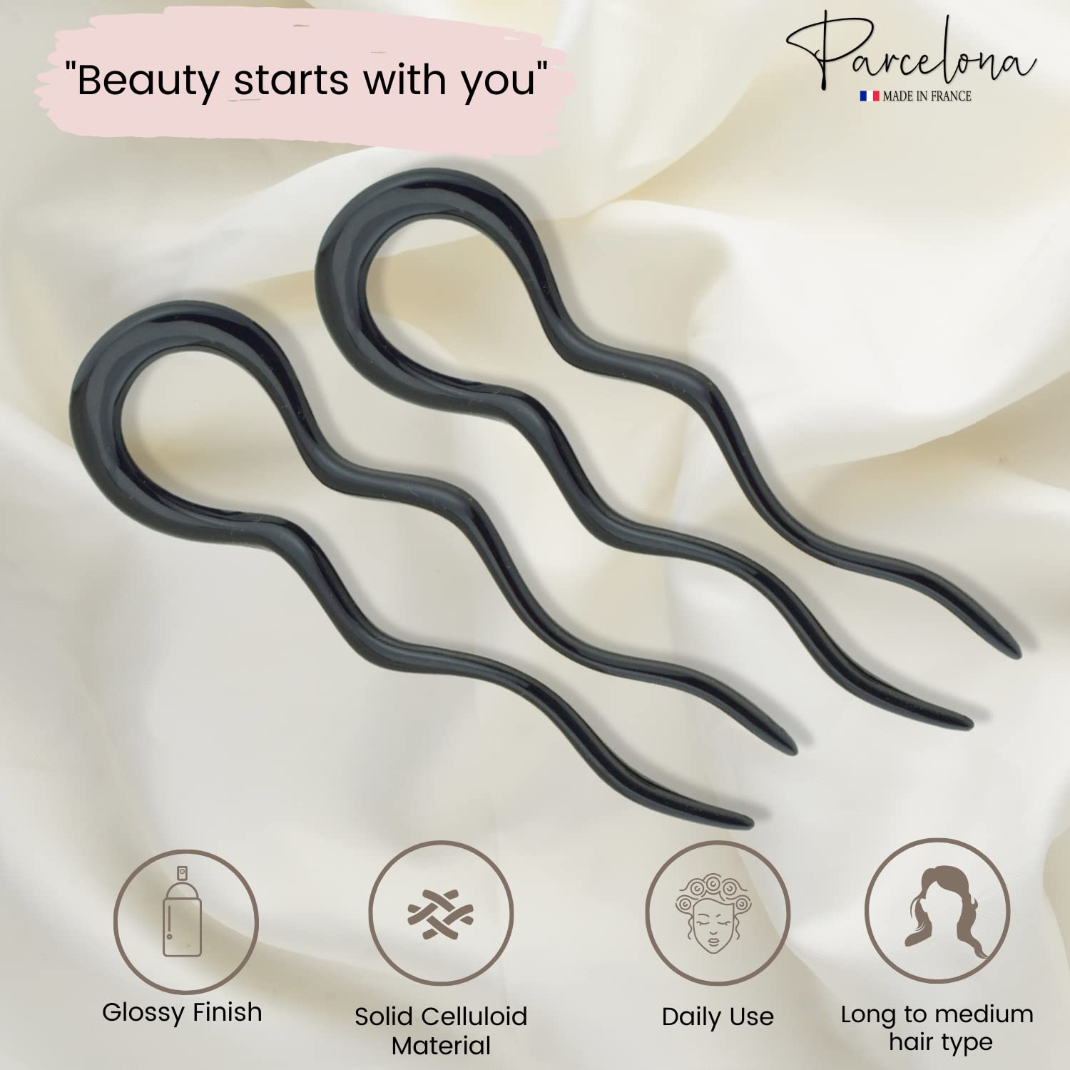 Parcelona French Black 4 Inch Large 2 Pins Wavy Crink U Shaped Hair Pin