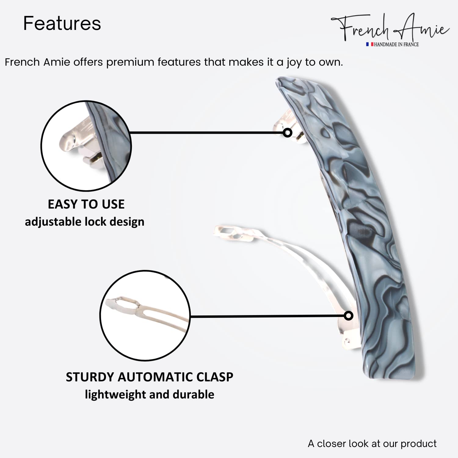 French Amie Oblong 3 1/2" Cellulose Handmade Automatic Hair Barrette for Women