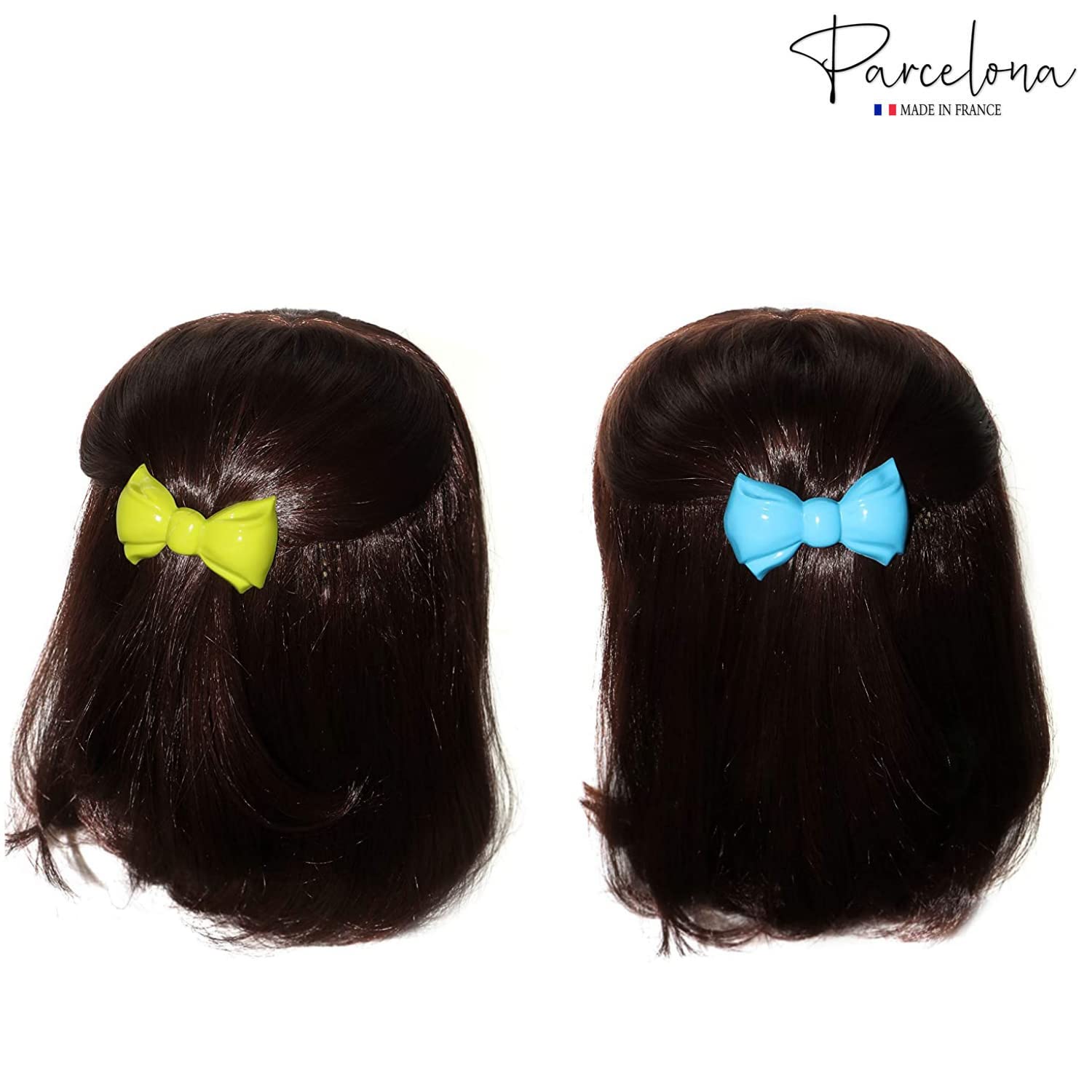 Parcelona French Angel Bow Blue and Green Small 2” Cellulose Set of 2 Hair Clip