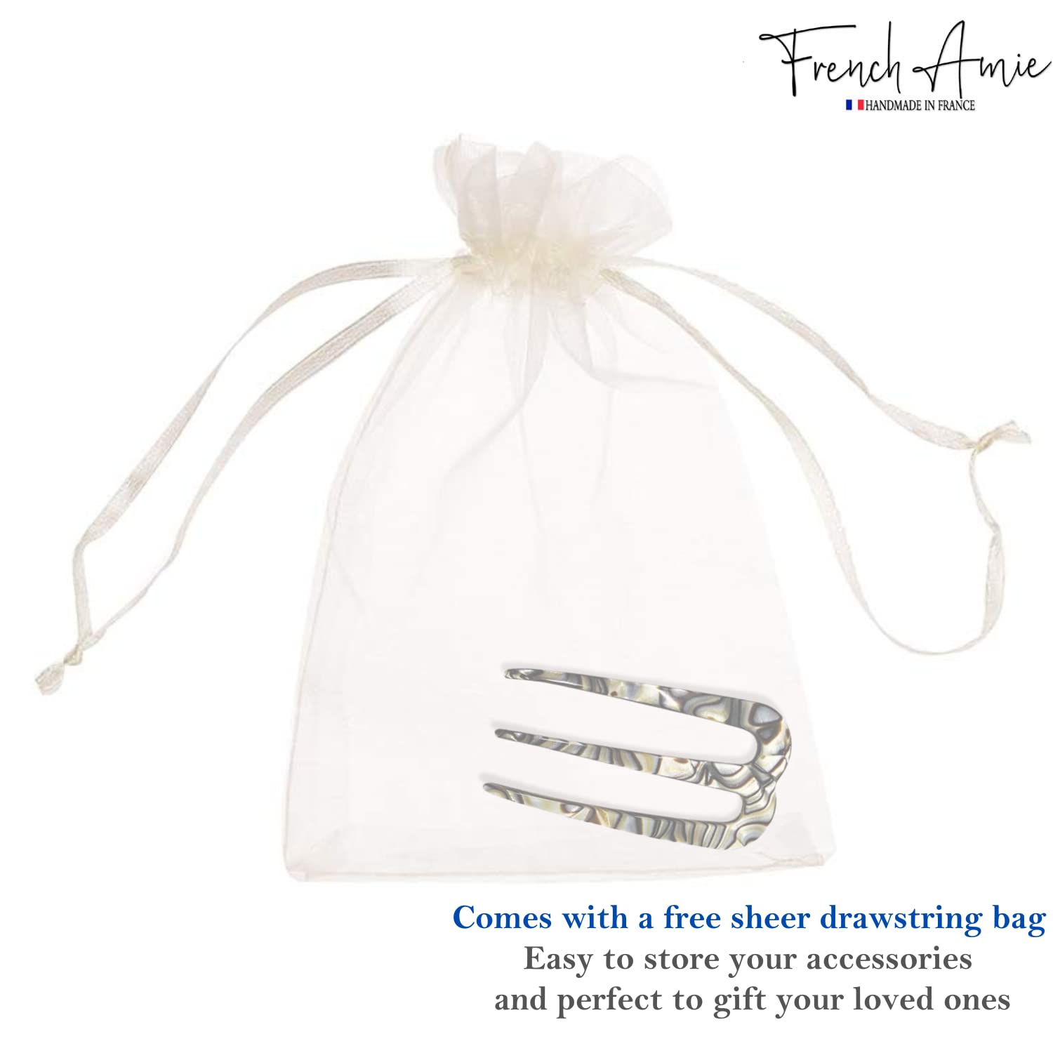 French Amie Tri Prongs 3" Medium Handmade Cellulose Bun Holder Women Hair Pin
