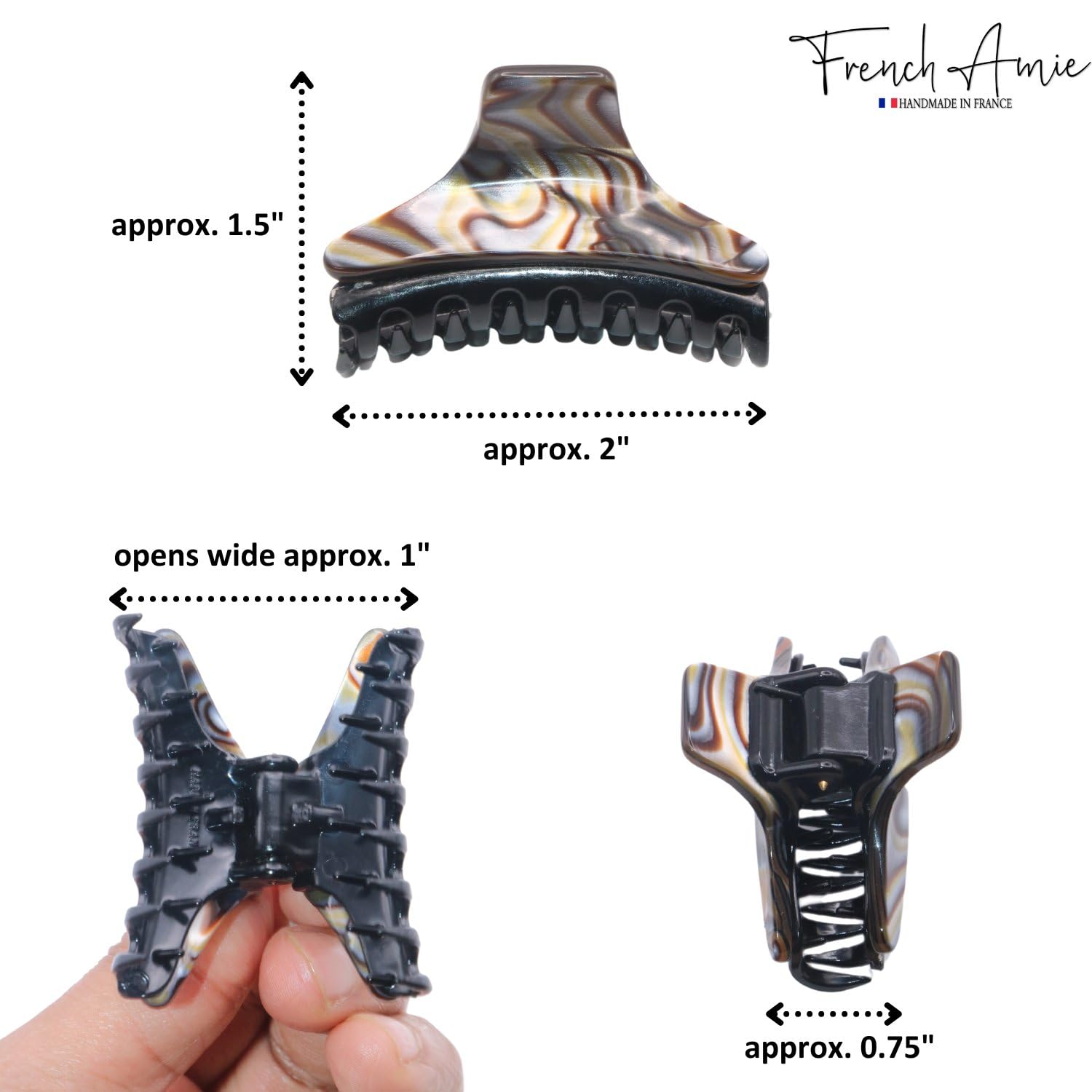 French Amie Skinny Silver Onyx Handmade Cellulose Jaw Hair Claw Clip for Women