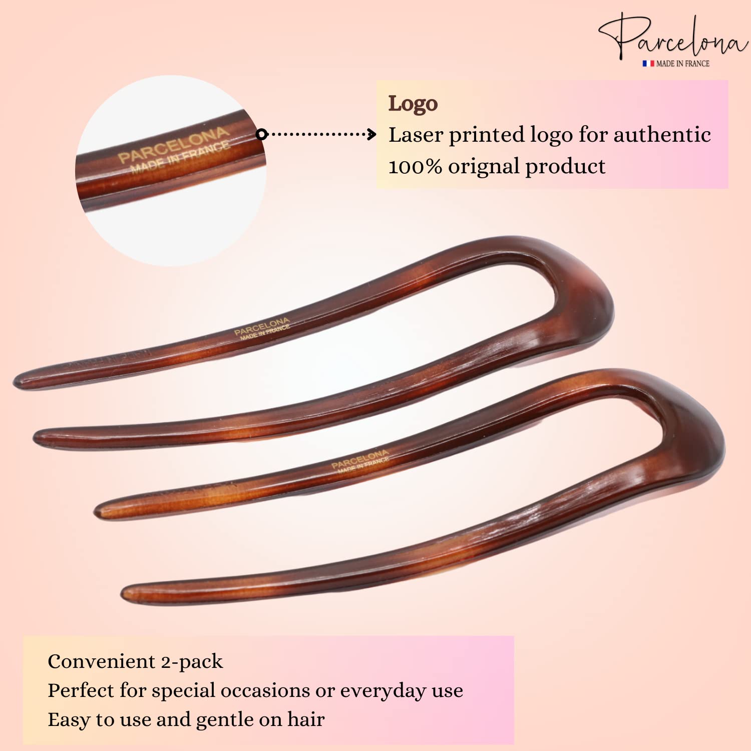 Parcelona French U Shaped Prong Large Chignon Cellulose Acetate Hair Pins 2Pcs