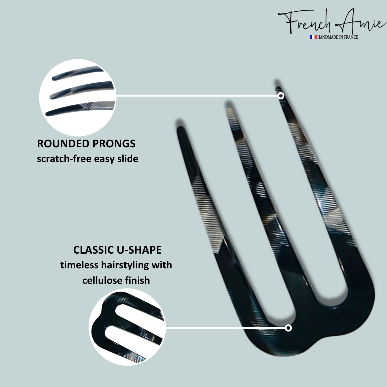 French Amie Tri Prongs 3" Medium Handmade Cellulose Bun Holder Women Hair Pin