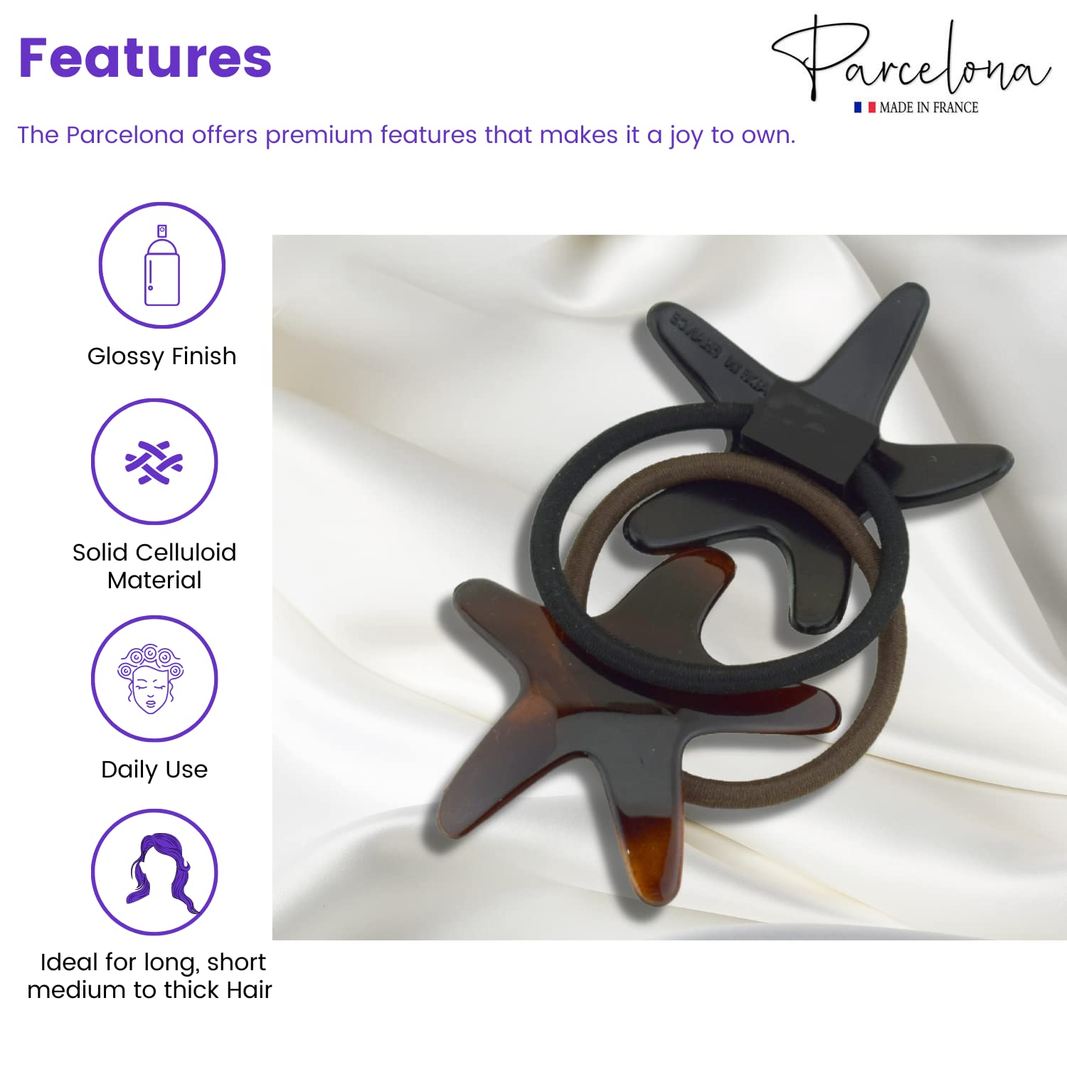 Parcelona French Star Brown Shell and Black Ponytail Holder Hair Elastic