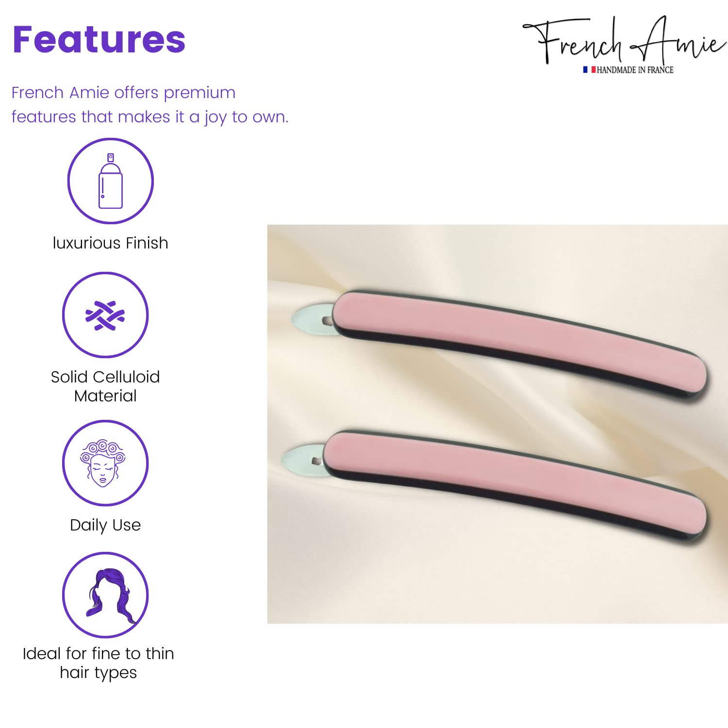 French Amie Rounded Oblong Small Cellulose No Metal Hair Slide Barrettes(2 Pcs)