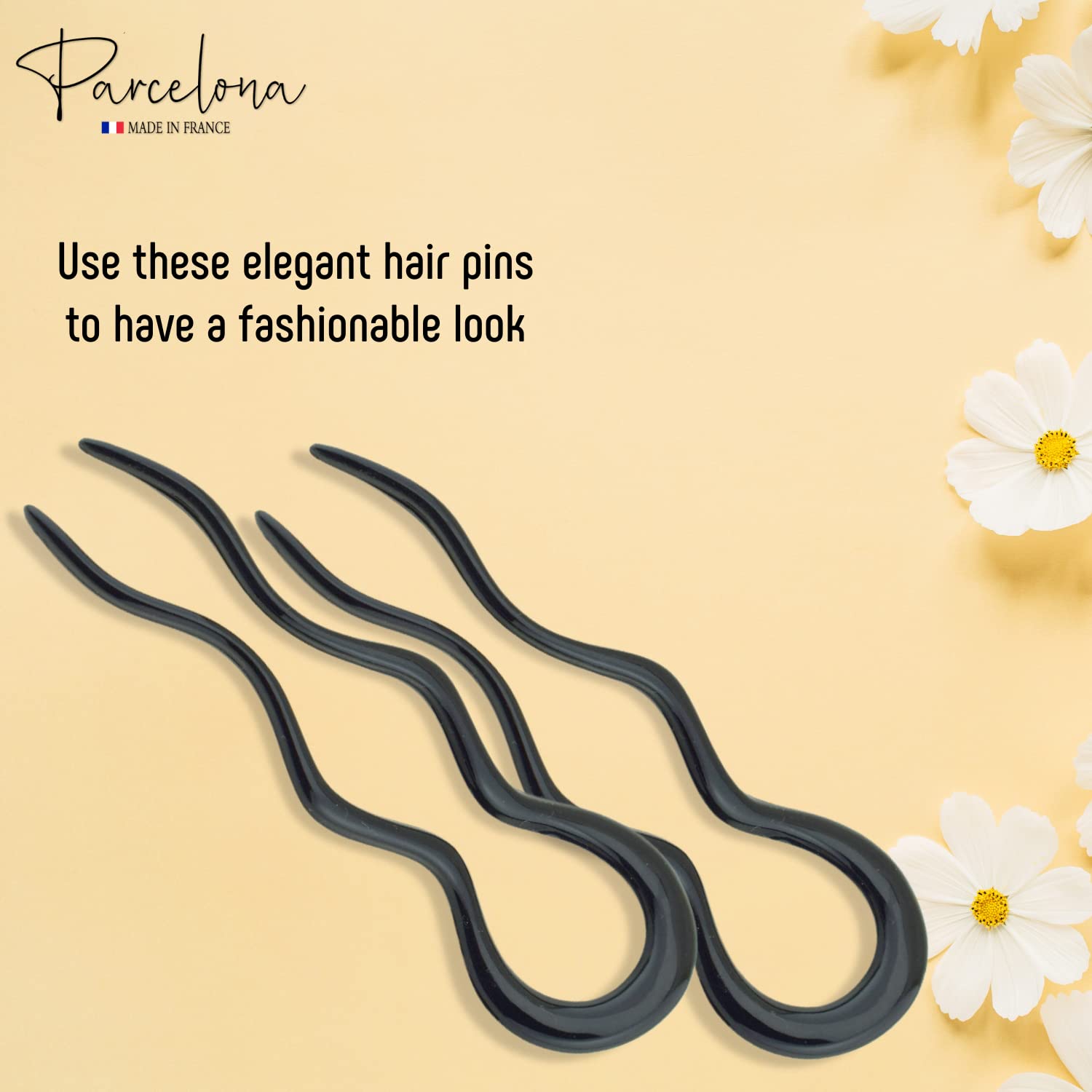 Parcelona French Black 4 Inch Large 2 Pins Wavy Crink U Shaped Hair Pin