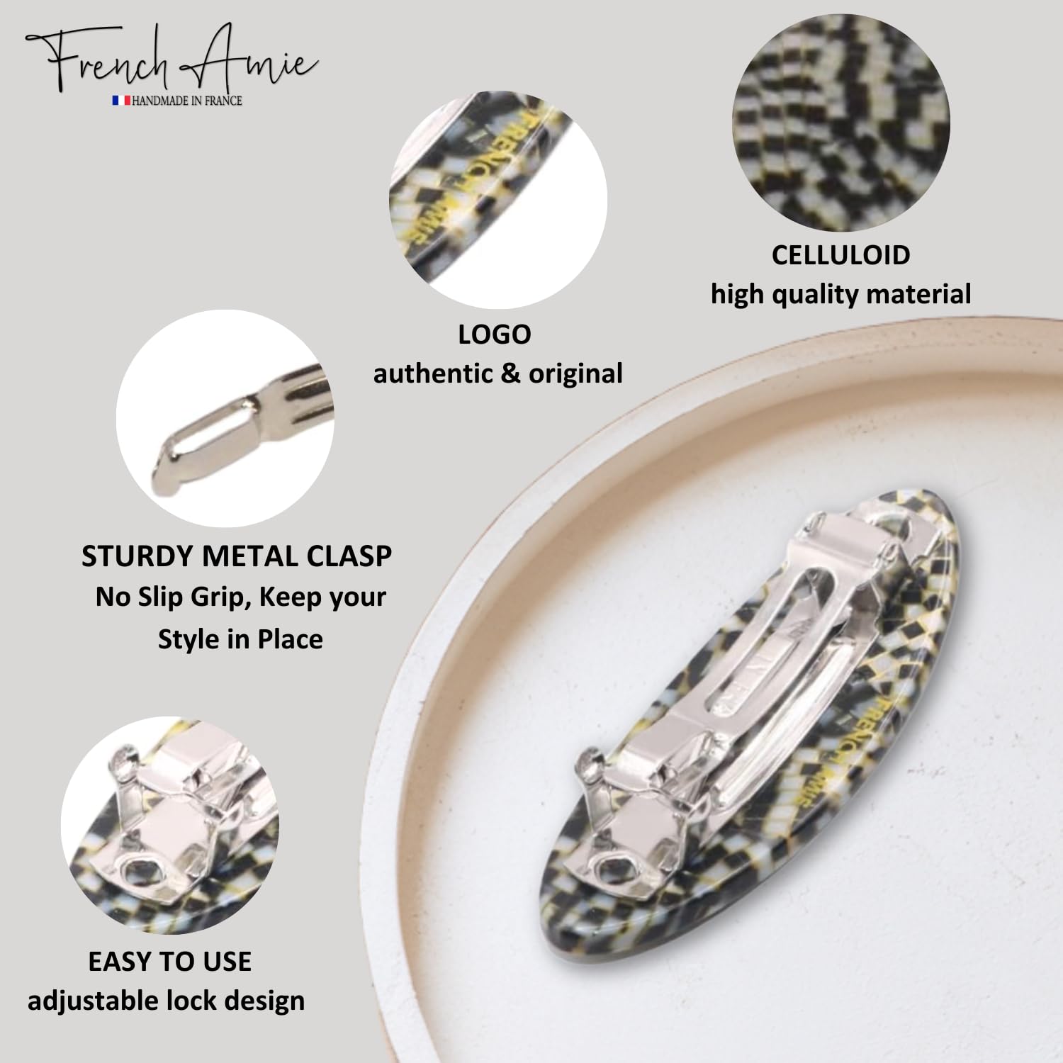 French Amie Oval Small Set of 3 Handmade Celluloid Hair Clip Barrette for Girls