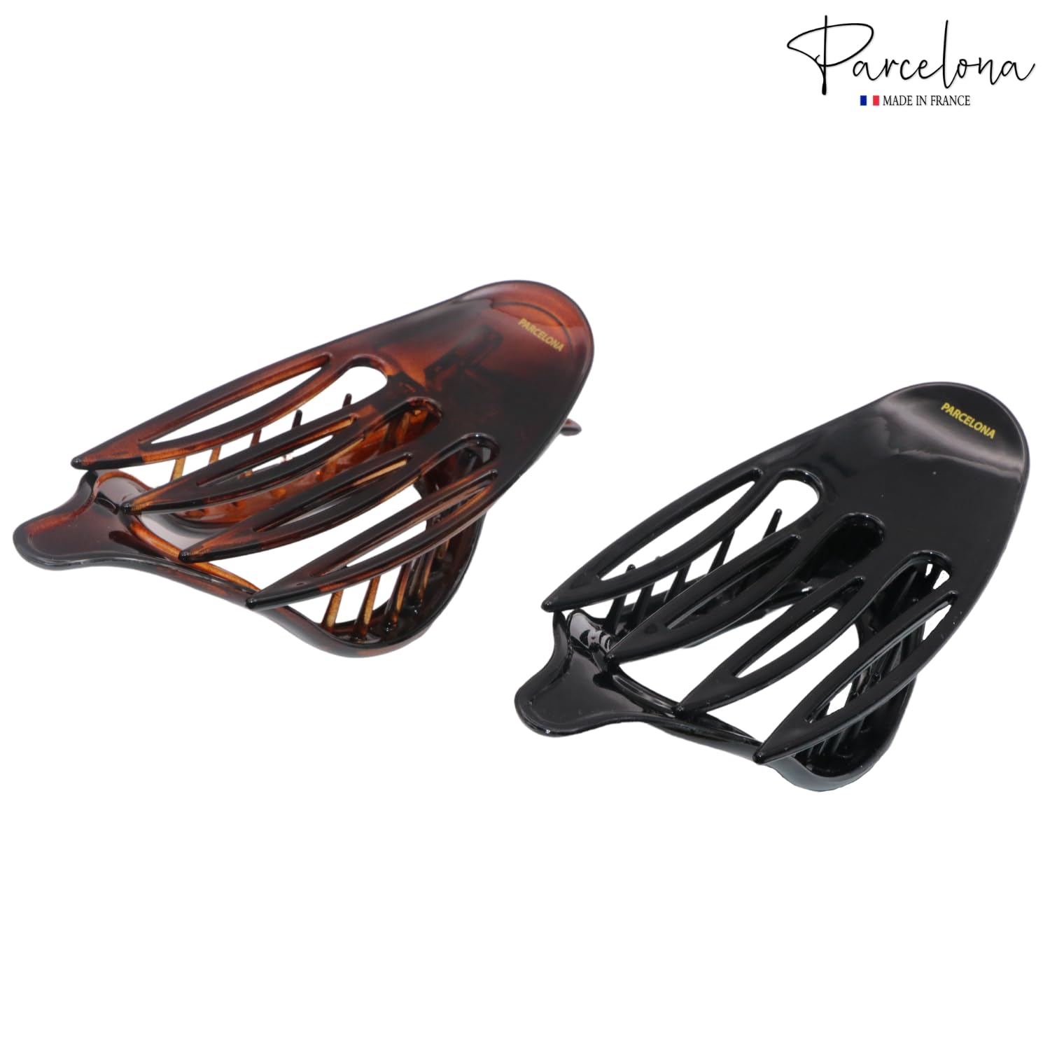Parcelona French 2 Pcs Shell & Black Large Wide Beak Hair Side Slider Clips