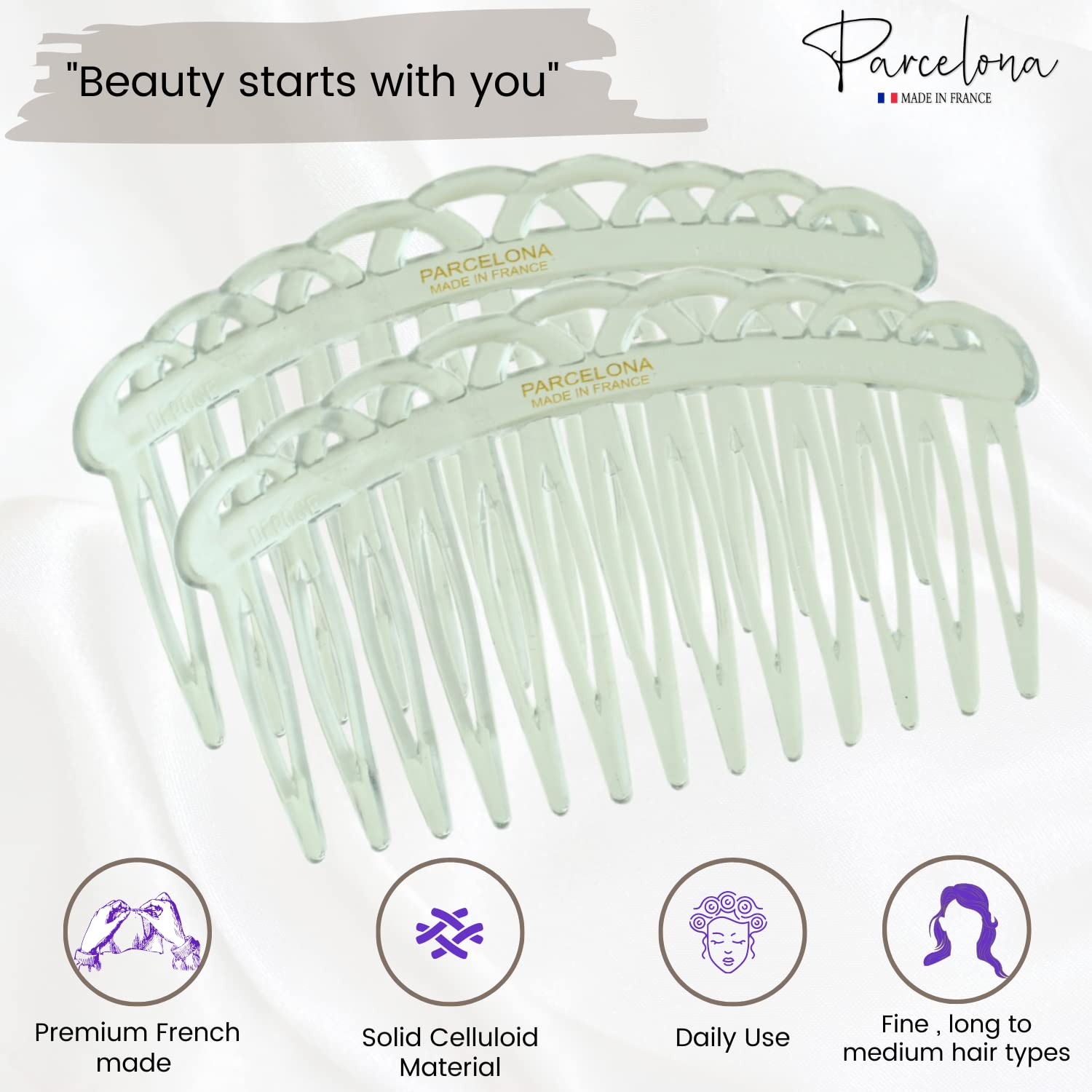 Parcelona French 13 Teeth Crown Small Cellulose Side Hair Combs for Women(2 Pcs)