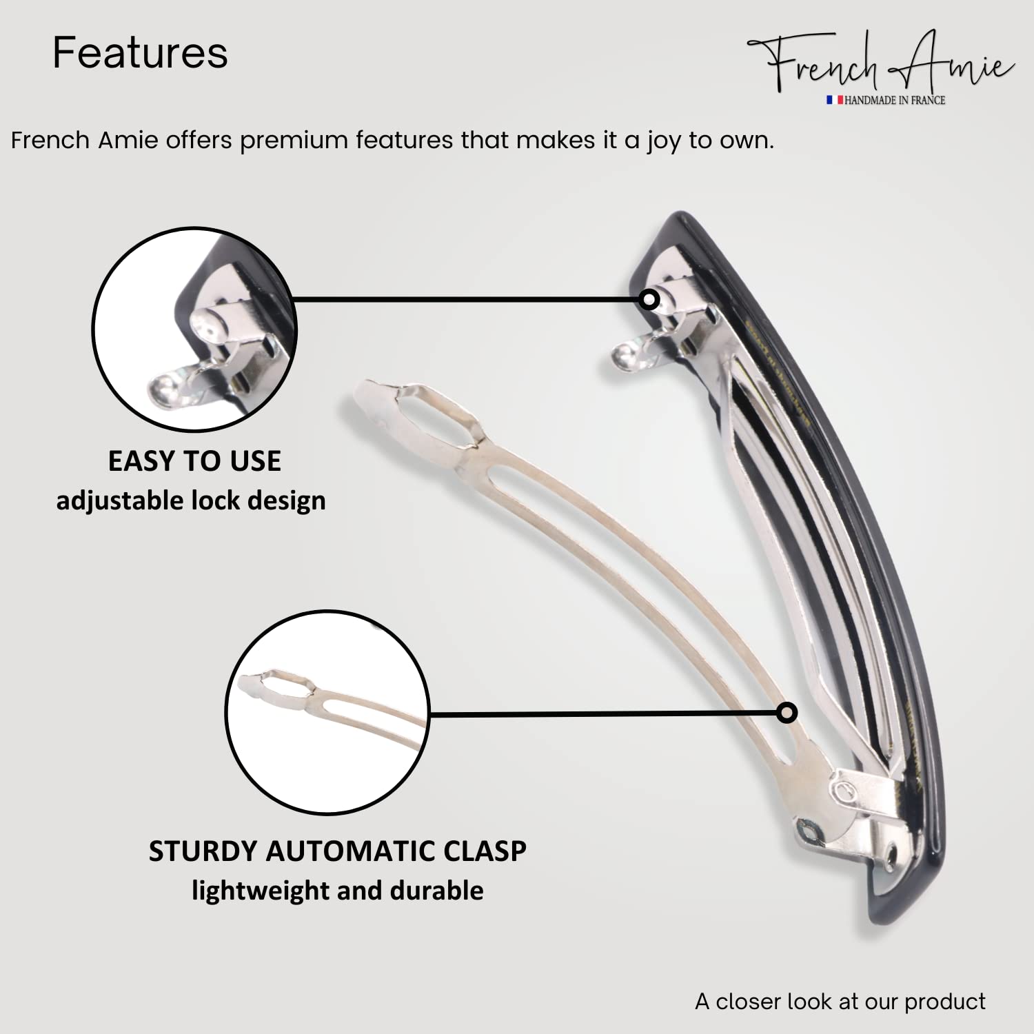 French Amie Oblong 3 1/2" Cellulose Handmade Automatic Hair Barrette for Women