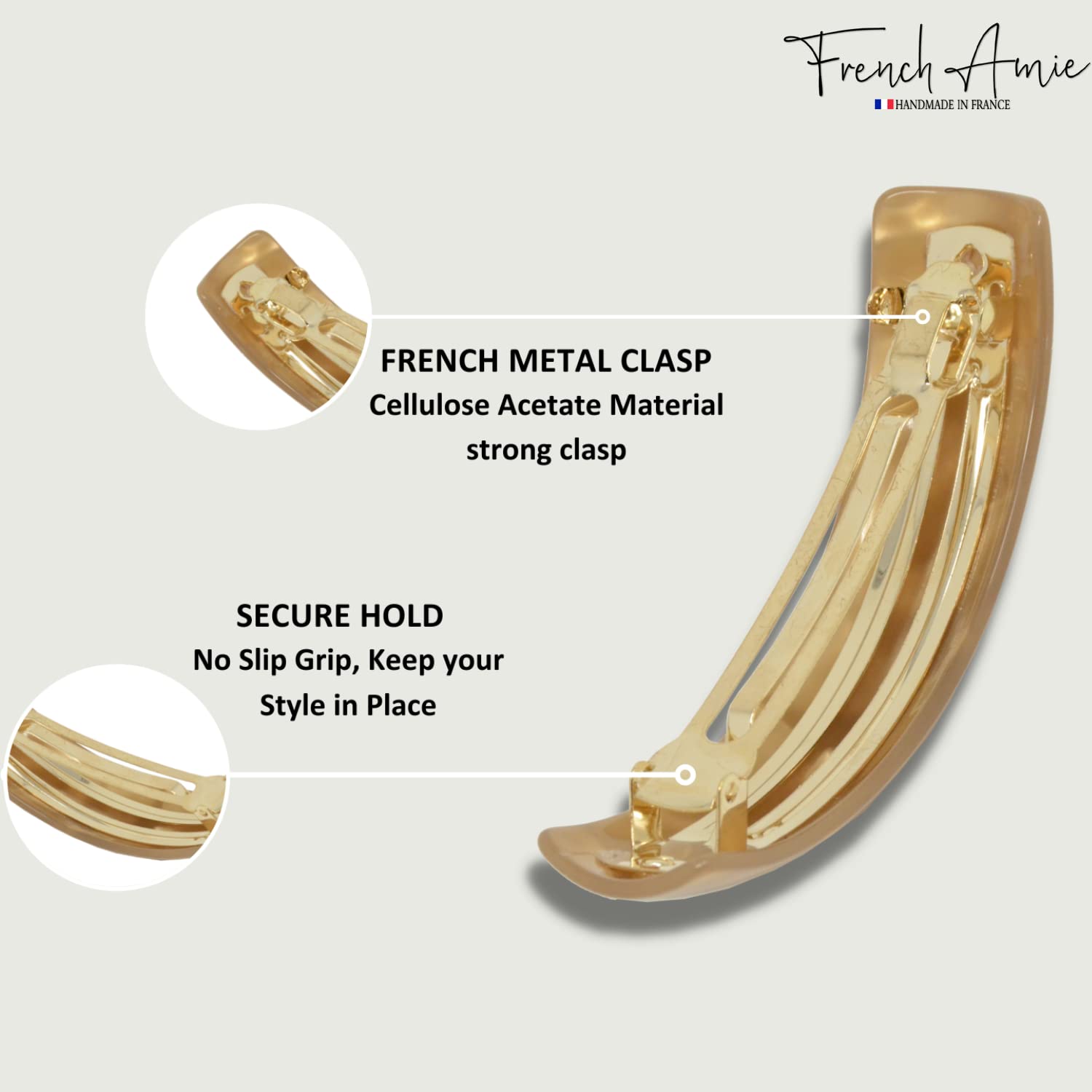 French Amie Curved Oblong Large Cellulose Handmade Hair Barrette for Women