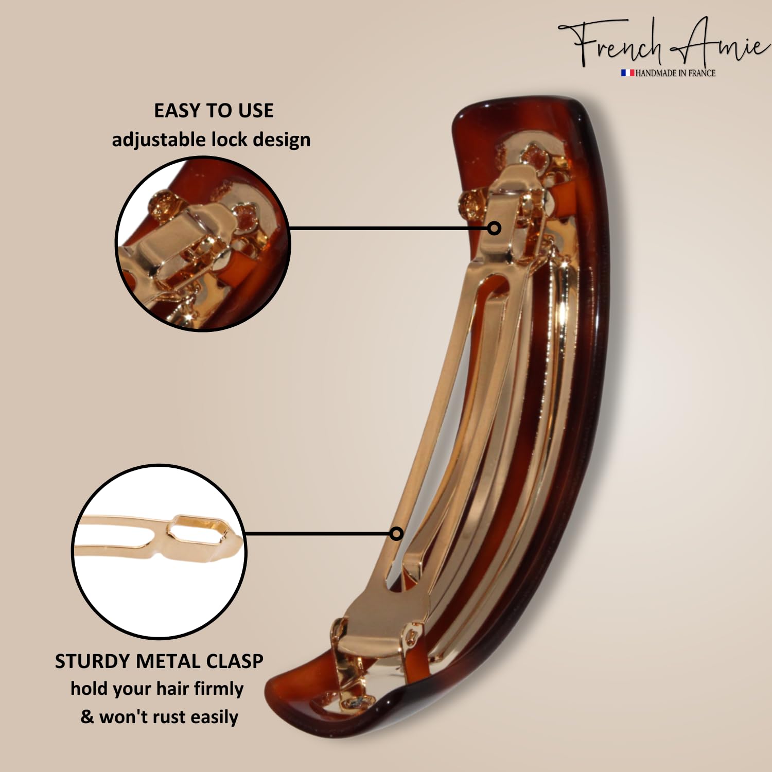 French Amie Curved Oblong Large Cellulose Handmade Hair Barrette for Women