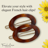French Amie Oval Hoop Small 1 1/4” Celluloid Handmade Hair Barrette Clips(2 Pcs)