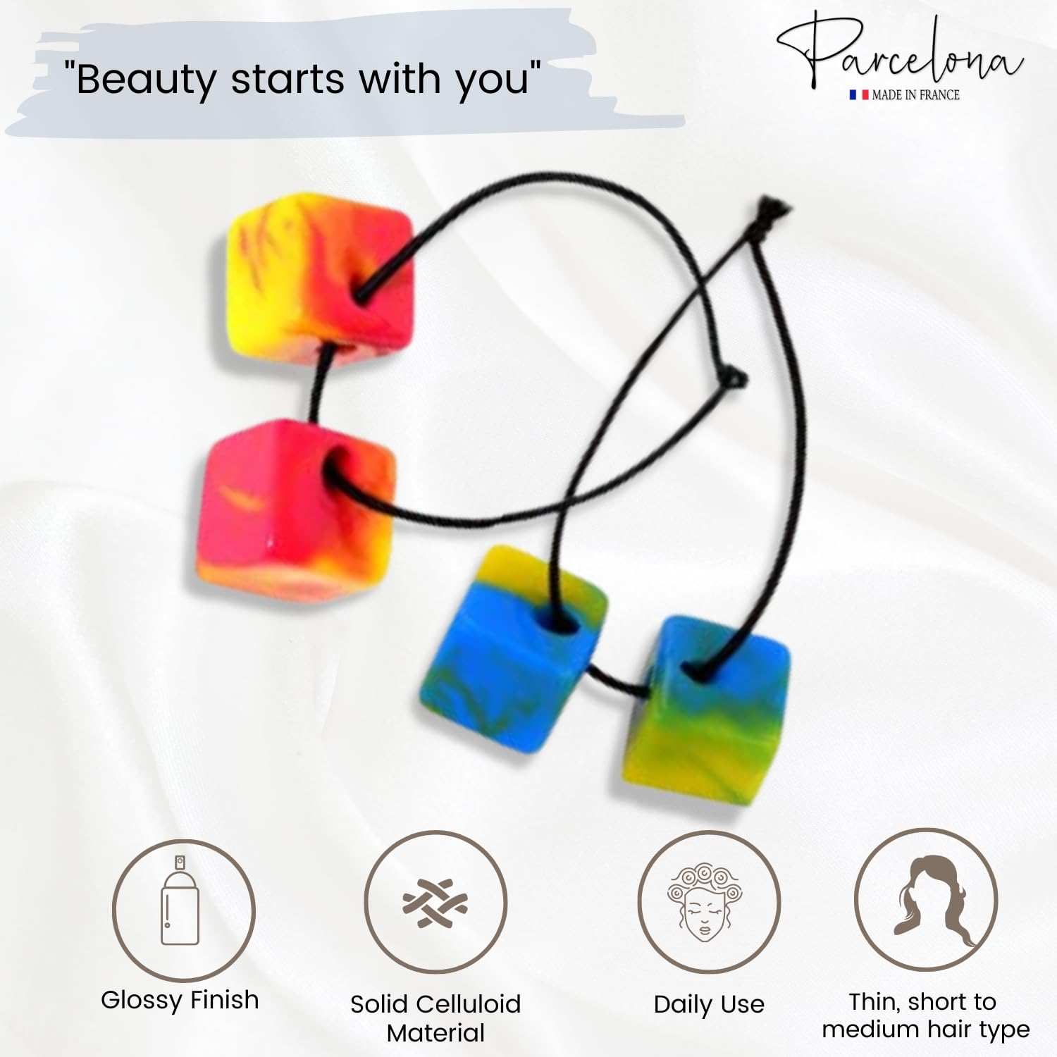 Parcelona French Twin Cube Small Cellulose Acetate Elastic Hair Ties (2 Pcs)
