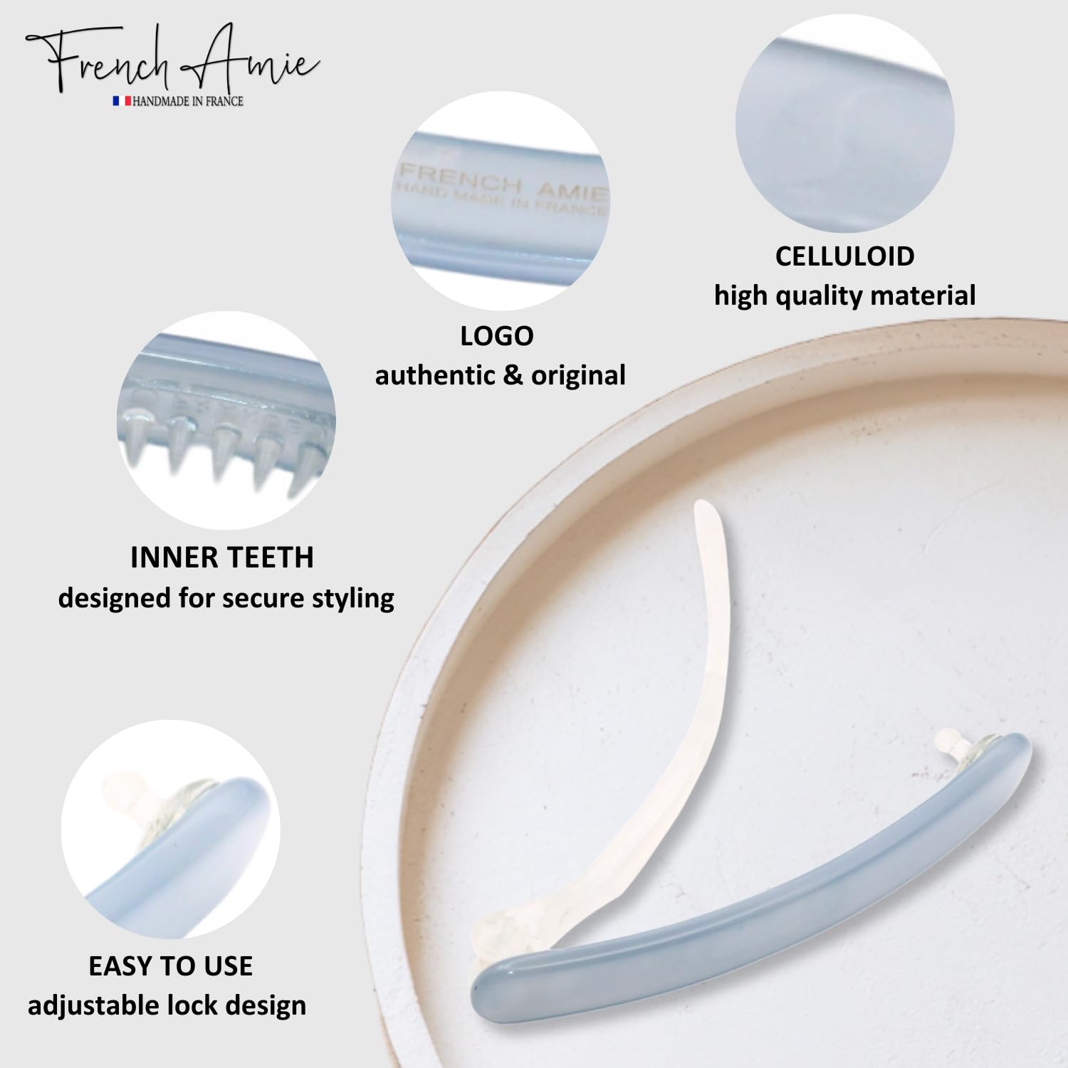 French Amie Rounded Oblong Small Cellulose No Metal Hair Slide Barrettes(2 Pcs)