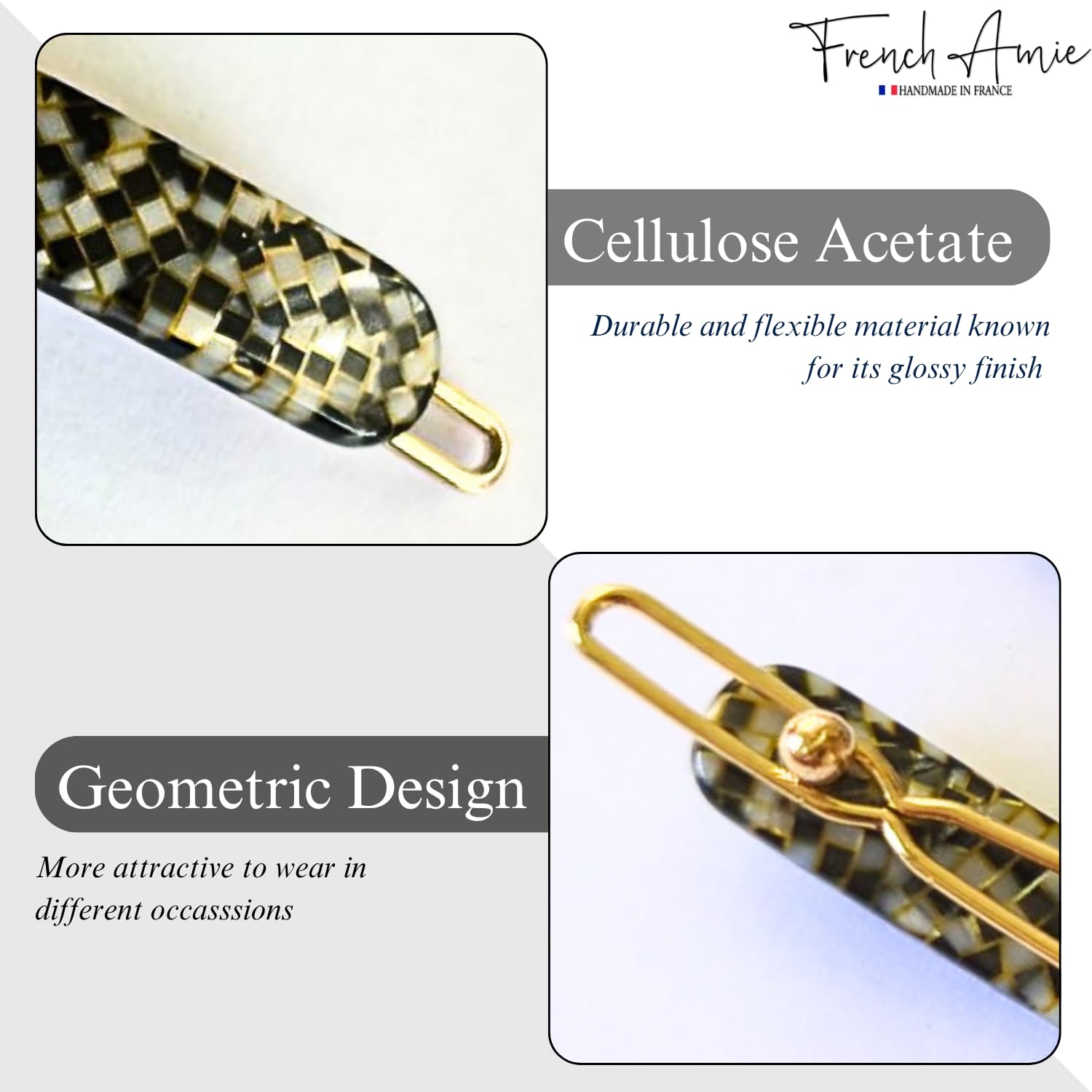 French Amie Rounded Oblong Small 2.5" Tige Boule Metal Clasp Hair Barrettes