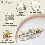 French Amie Mini Oval 2” Celluloid Handmade Snap Tige Boule Hair Clips