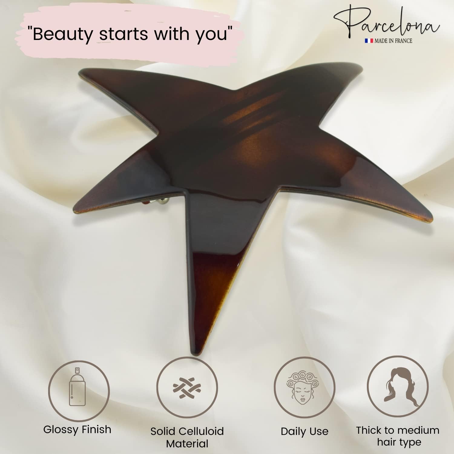 Parcelona French Star Large Shell Brown Celluloid Strong Grip Hair Clip Barrette