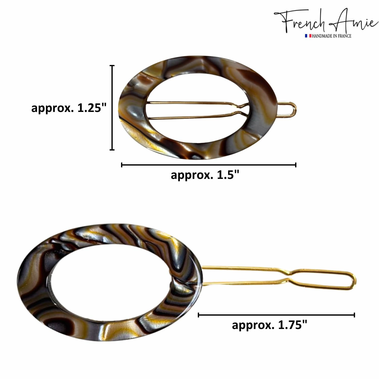 French Amie Oval Hoop Small 1 1/4” Celluloid Handmade Hair Barrette Clips(2 Pcs)