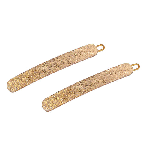 French Amie Rounded Oblong Golden Glitter Small Celluloid Snap Hair Clip 2Pcs