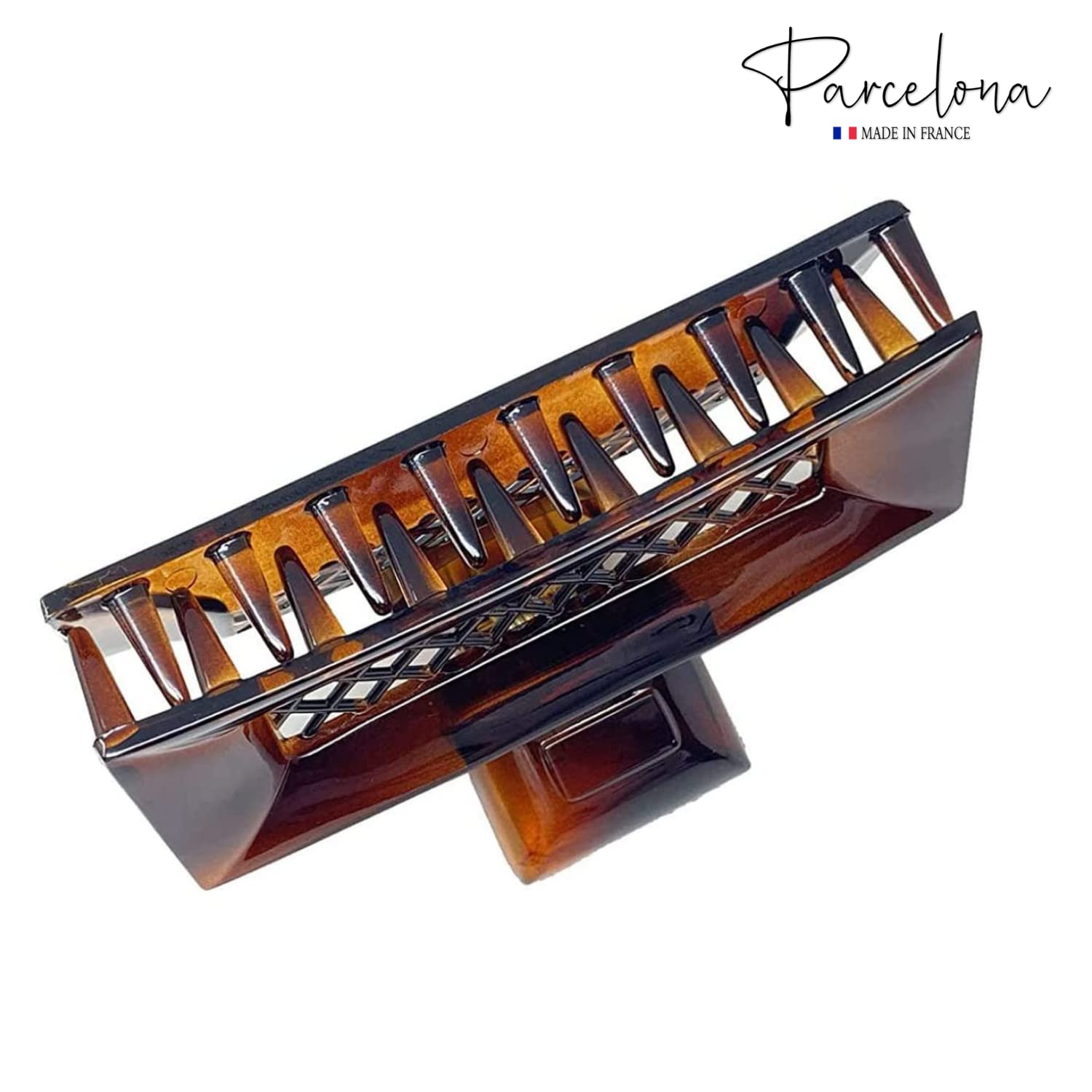 Parcelona French Crisscross Rectangle Brown Medium Cellulose Good Grip Hair Clip
