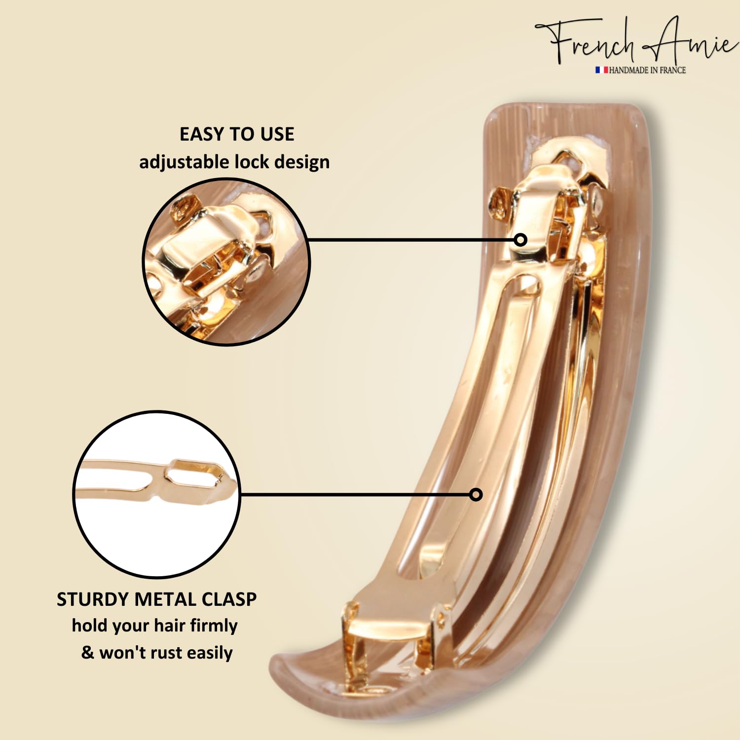 French Amie Curved Oblong Large Cellulose Handmade Hair Barrette for Women