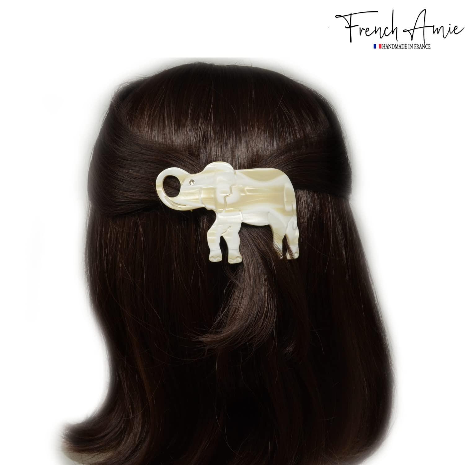 French Amie Elephant Crystal Cream Ivory Cellulose Handmade Hair Barrette