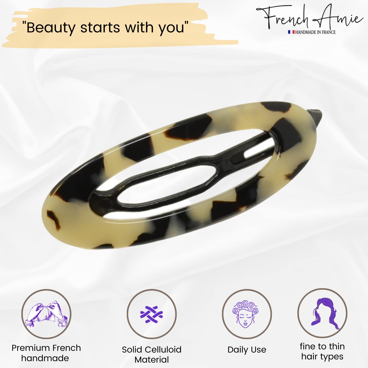 French Amie Oval Cut Out Small Handmade Cellulose Snap Hair Barrette for Women
