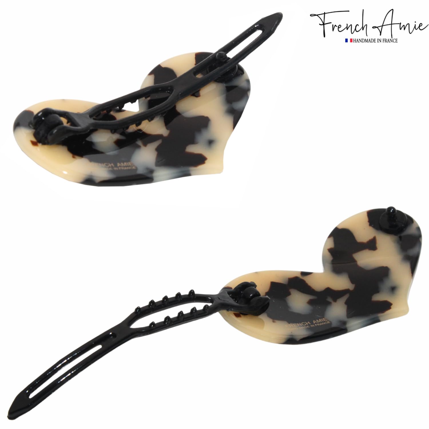 French Amie Cupid Hearts Small Celluloid Metal Free Snap Hair Clips - 2 Pcs